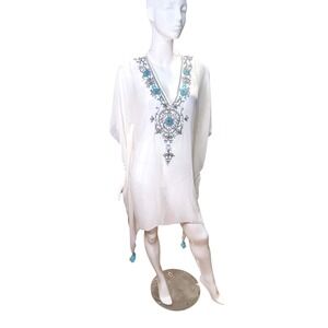 Mira White Beaded Kaftan Tunic Turquoise Tassel Handkerchief Hem Cover Up Large